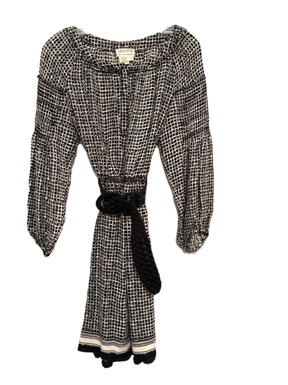 Max Studio Y2K Black & White Print Dress w/Belt Small Bohemian Boho Vintage